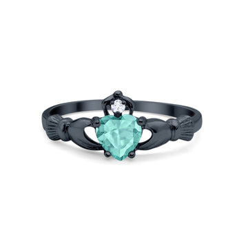 Irish Claddagh Heart Promise Ring Black Tone, Simulated Paraiba Tourmaline CZ 925 Sterling Silver